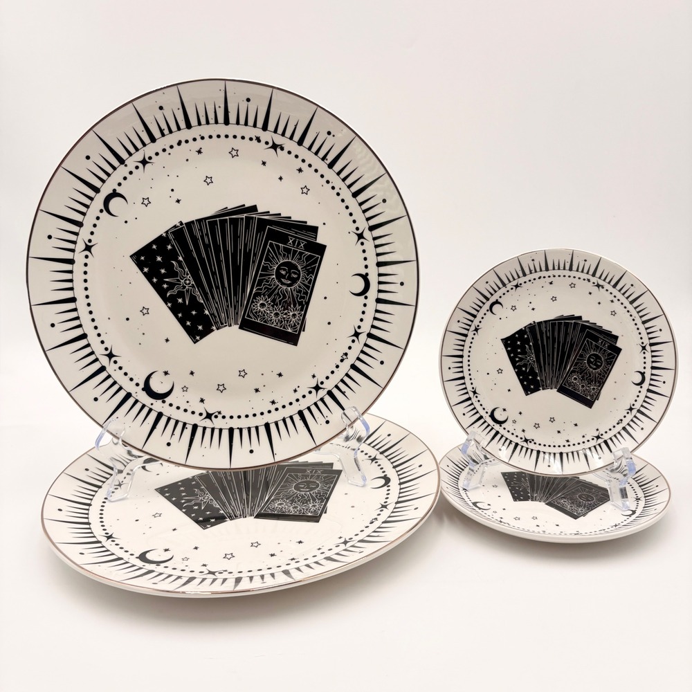10 Strawberry Street Tarot Card Celestial Plate Set 4pc Black White Gold Gothic